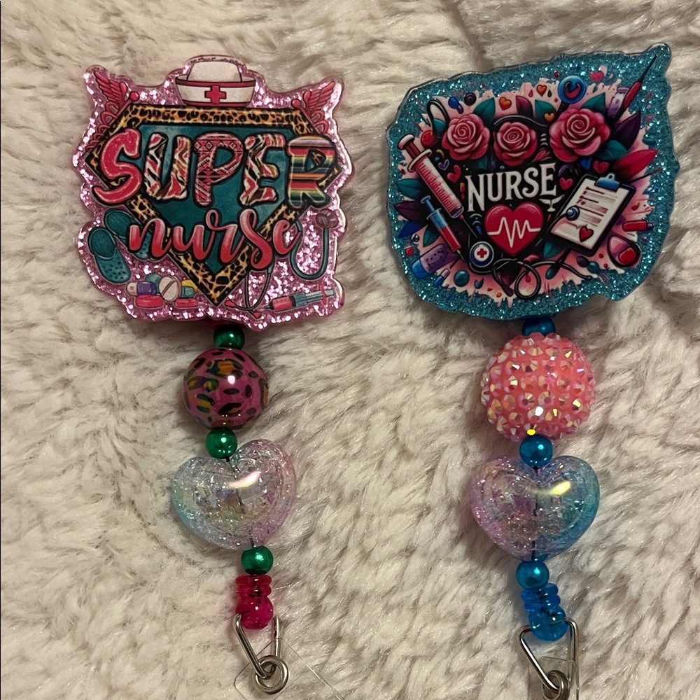 Super Nurse & Nurse Badge Reel Duo - Pink + Blue
